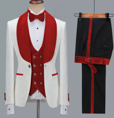 Floral Jacket Men Suit Slim Fit Wedding Tuxedo Navy Blue Velvet Lapel Groom Party Suits Costume Homme Best Man Blazer - red, 3XL