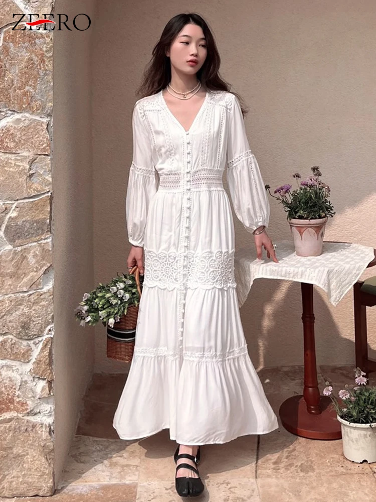 

Women Spring Slim Lantern Sleeve Cotton Splice Lace Long Dress Elegant White V Neck Summer Beach Dress Party Holiday Vestidos