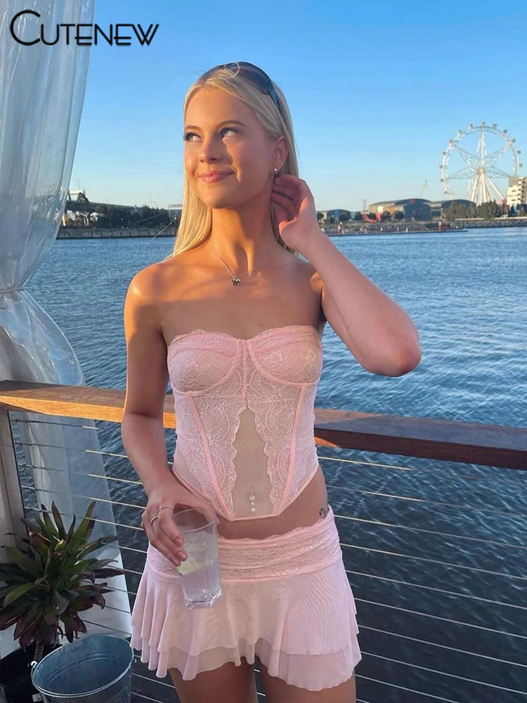 Women's Elegant Sexy Lace See Through Two Piece Set Solid Patchwork Off-shoulder Ruched Top+ Slim Skirts Lady Dress Suit