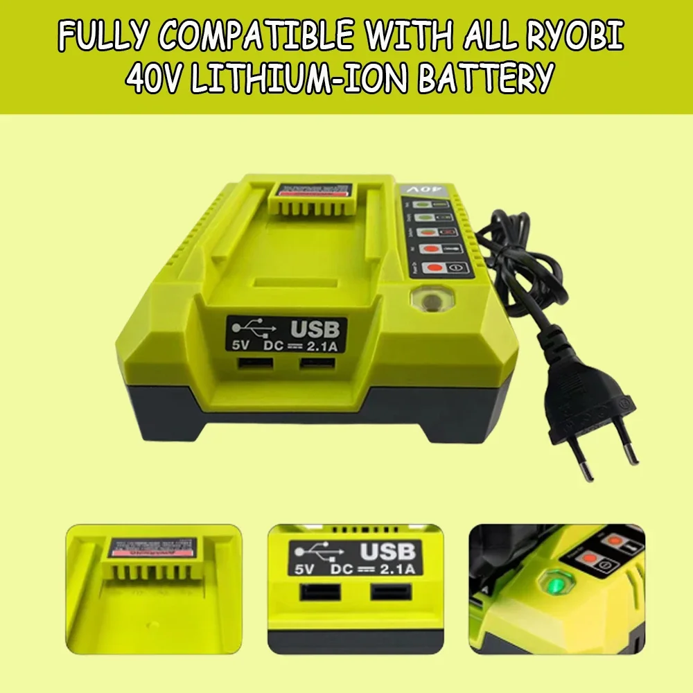 

40V Battery Charger for Ryobi 36V-40V Lithium Li-ion Battery Fast Charging For OP4030 OP4040 OP4050 OP400A With Dual USB Port