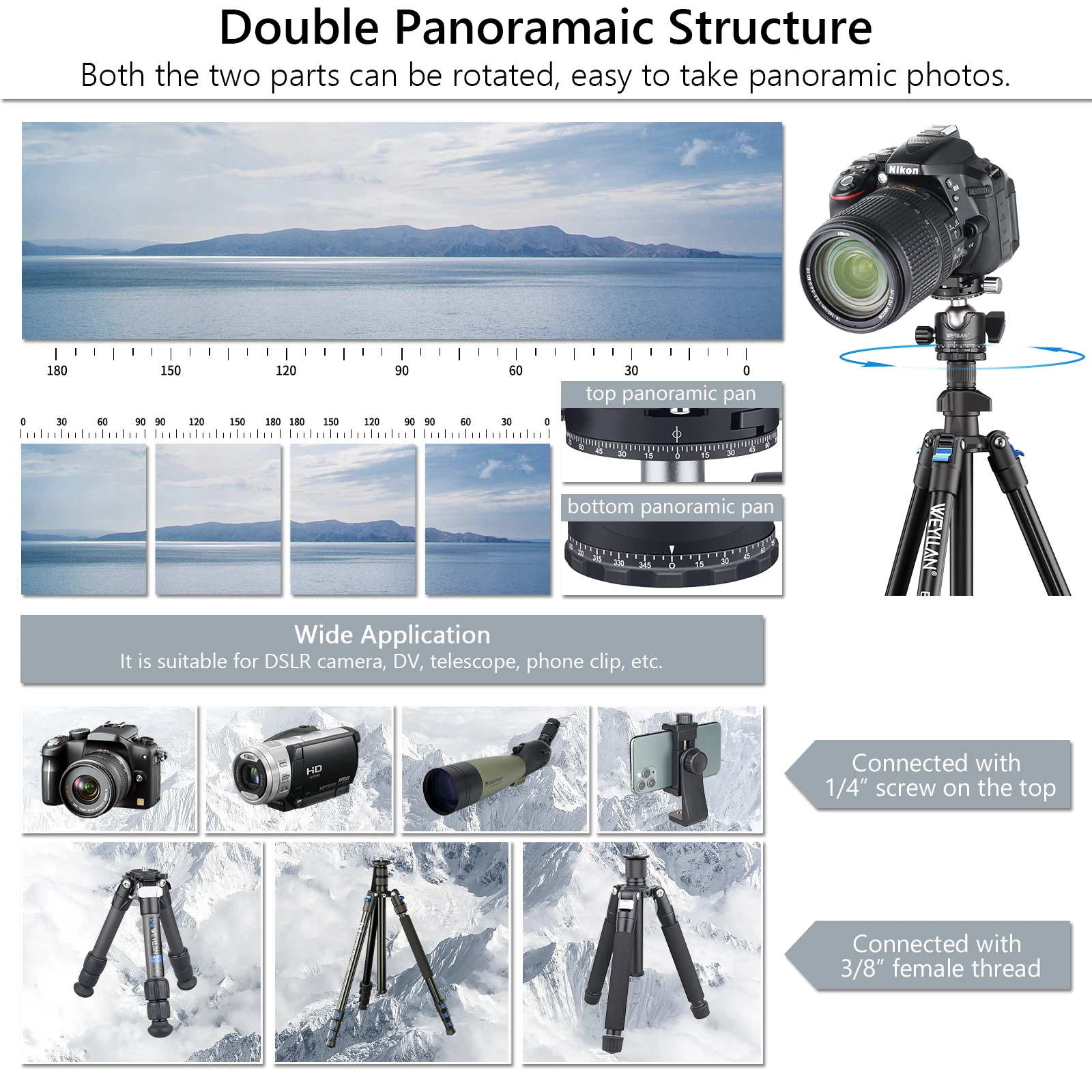 Tripod Head 720&deg; Dual Panorama Professional Video Ball Head Mount Low Profile Quick Release Plate Ballhead DSLR Camera EB36R tripod ball head camera panoramic head