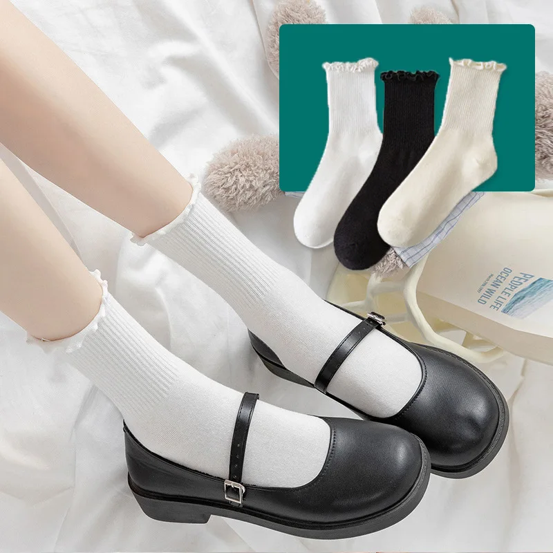 

1Pair Lolita White Ruffle Socks Women Middle Tube Ankle Breathable Black White Woman Calcetines Sweet JK Socks Spring Autumn