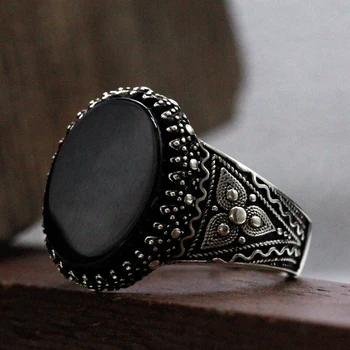 Türkiye Men's Handmade Ring S925 Silver Classic Vintage Natural Black Agate Fashion Holiday Jewelry Holiday Party Gift