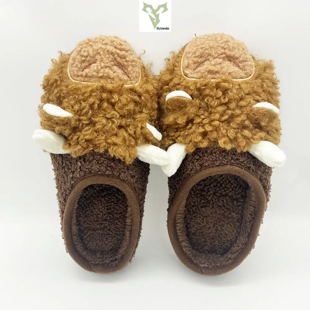 New Hot Highland Cow Slippers Plush Cattle Slippers Brown Cartoon Winter Warm Kawaii Animal Slides Shoes Adult Plushie Gift 4