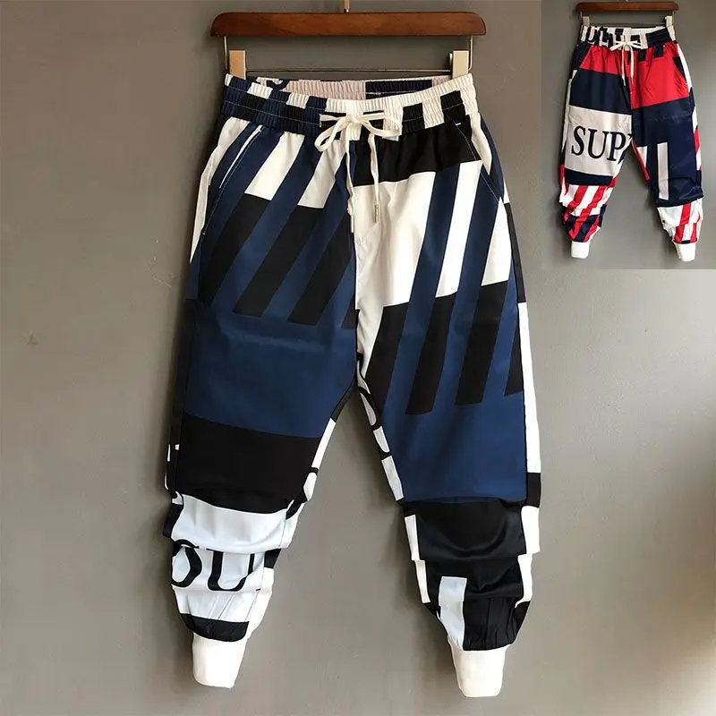Men Jogger Pants Loose Young Style Streetwear Elastic Waist Printing Patchwork Lacing Spring Summer