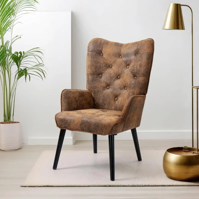 WingBack Chair, Rustic Accent Chair with Arms Upholstered, Button Backrest for Living Room (Brown) 6