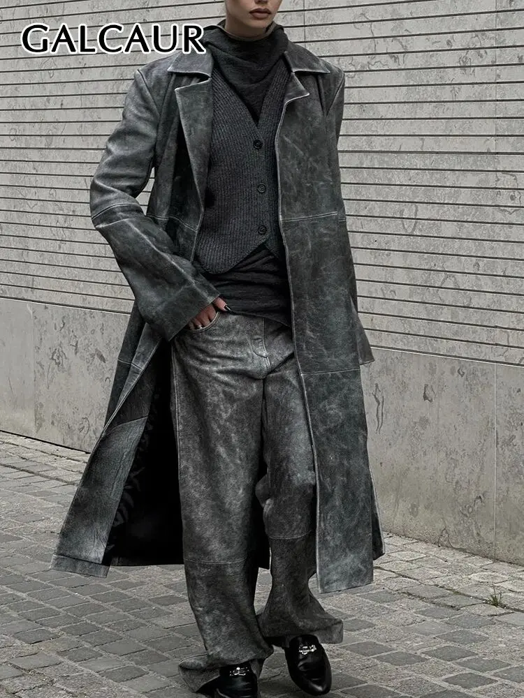 

GALCAUR Casual Vintage Leather Trenches For Women Lapel Long Sleeve Spliced Lace Up Streetwear Casual Temperament Trench Feamle