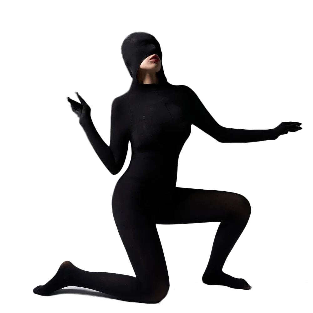 Women's Jumpsuit With Hooded High Elastic Unitard Oil Shiny Glossy Sexy Bodysuit Five Finger Gloves Tights Skinny Shaper Wear 5
