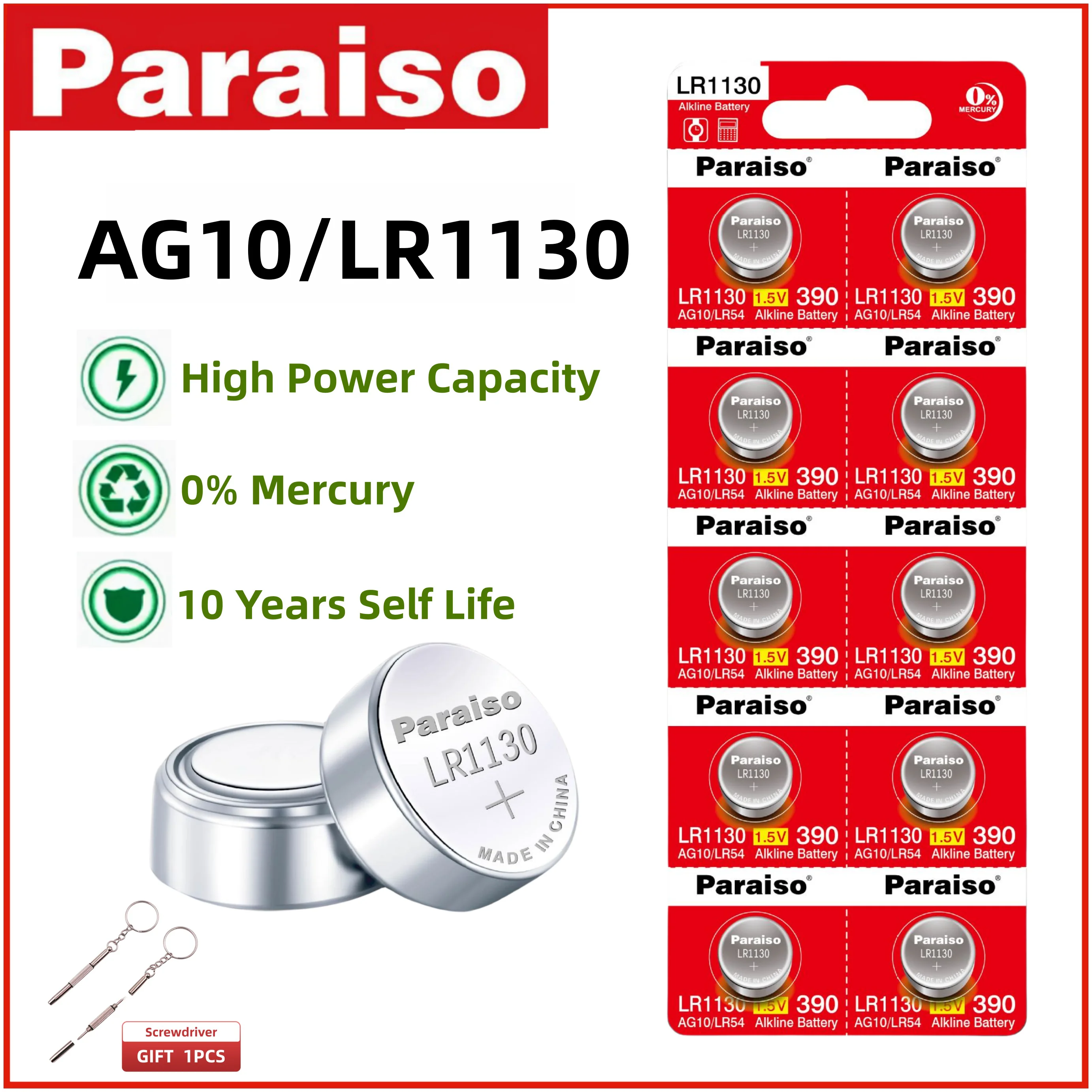 Batería LR1130 AG10 de 1.5 V de larga duración pilas de botón alcalinas (10  unidades)