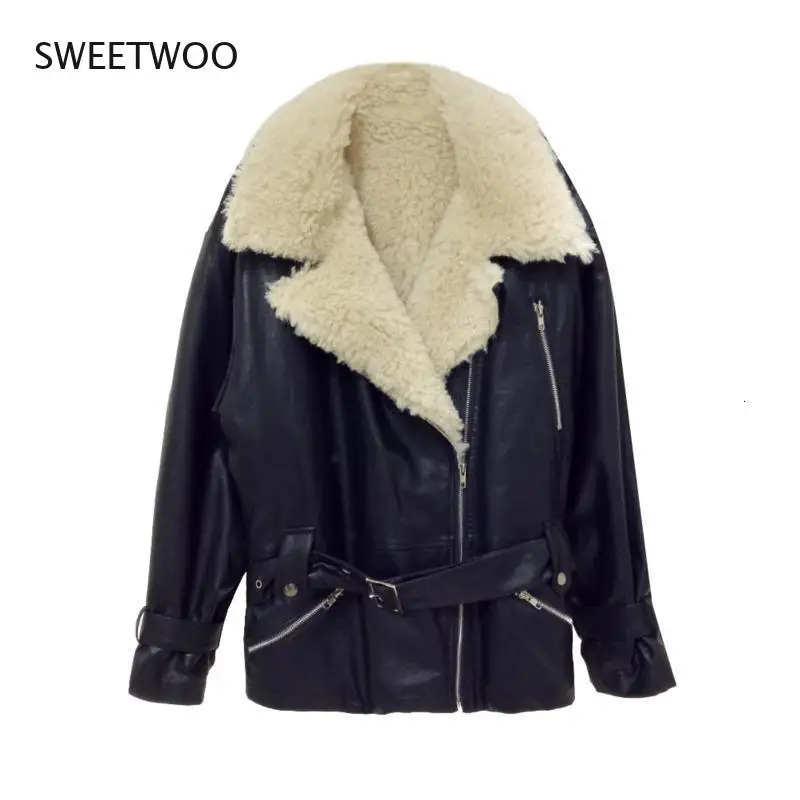Autumn Winter Temperament Turn Down Collar Coats Zipper with Belt Women Loose Lamb Hair Pu Fur Jacket Contracted Dropshipping