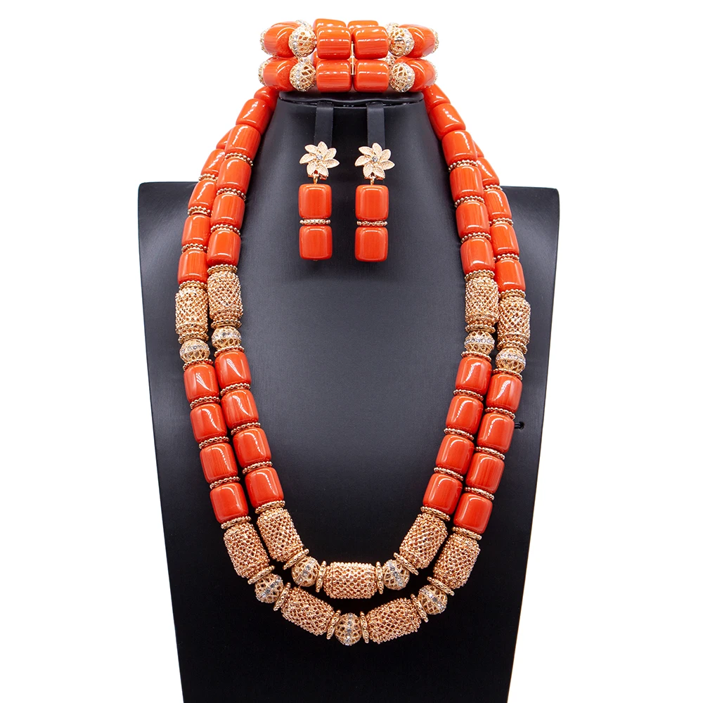 

2 Layers Handmade Artificial Coral Plastic Beads Dubai Gold Jewelry Set for African Nigerian Wedding Free Shipping ABG075