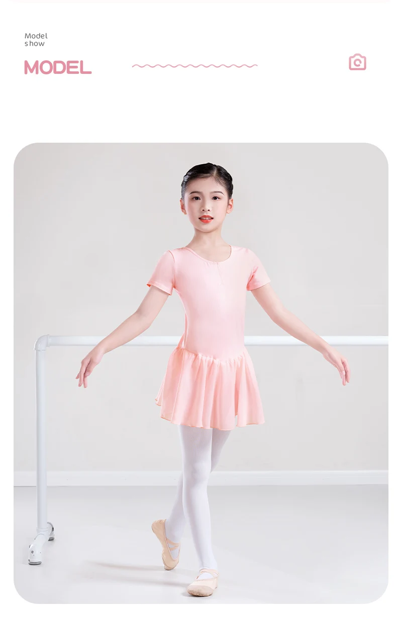 Ballettkleid, Gymnastik-Trikots für Mädchen, Kinder, kurzärmelig, Ballett-Trikots mit Chiffon-Rock, Schleife, Tanzbekleidung, Ballett-Bodys – Detail 5