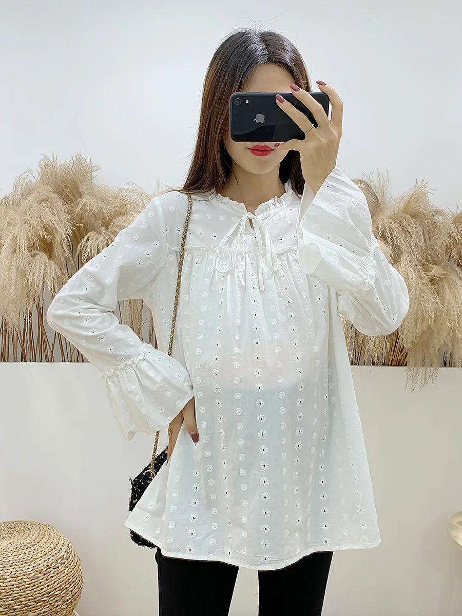 임산부 셔츠 봄 가을 순면 플레어 슬리브 자수 루즈핏 한국 스타일 만능 베이스 레이어 셔츠