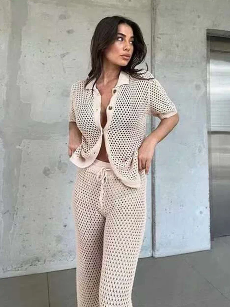 Women's Casual Knitted Hollow Out Loose Lapel Button Short Sleeve Top Trousers Two-piece 2026 Summer Swimsuit Cover Up Set A2926 6