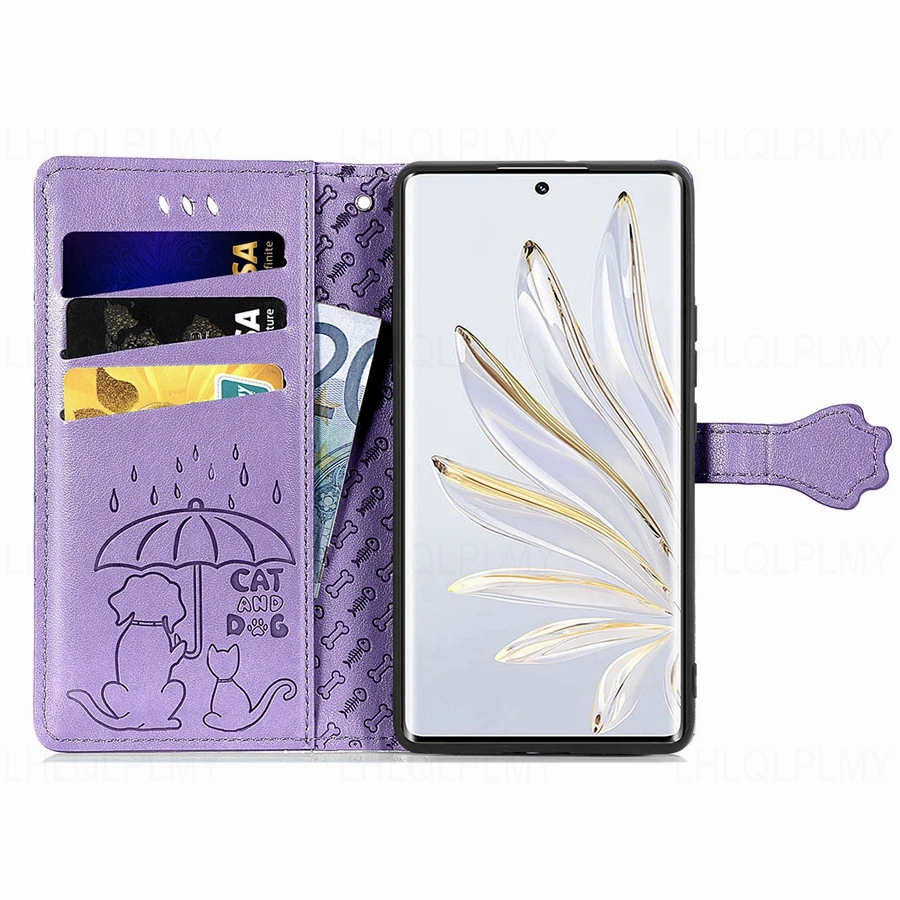 Leather Flip Wallet Case with Cat and Dog Design