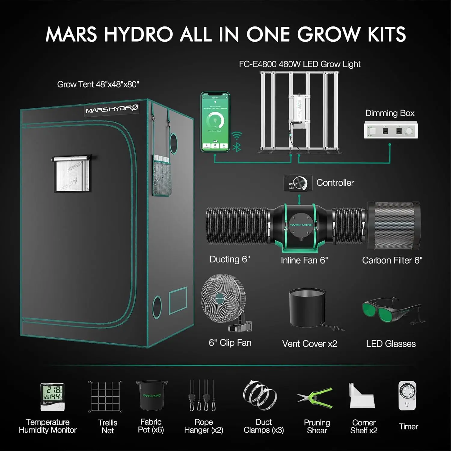 4x4 Smart Grow Tent Kit Complete 480W FC-E4800 APP WiFi Control Light 2646pcs LED 48"x48"x80" 1680D High Reflective Mylar Grow T