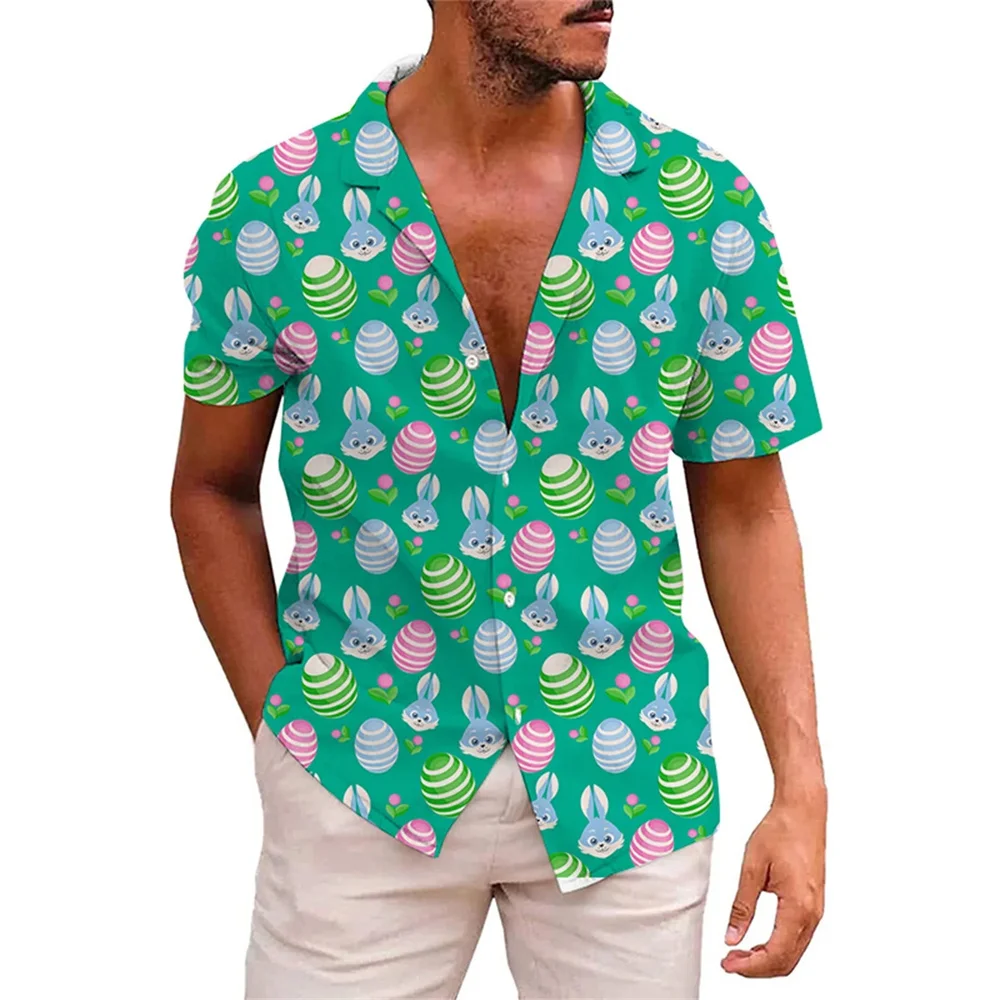 

Гавайские рубашки для мужчин и женщин, с рисунком на Пасху, кролик, яйца, 3D принт, Пляжная футболка, кавайная детская одежда, на пуговицах