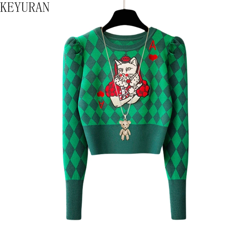 

Cartoon Cat Cartoon Embroidery Argyle Sweater Pullover Women Spring Autumn Korean Fashion O Neck Puff Sleeve Knitted Tops Jumper