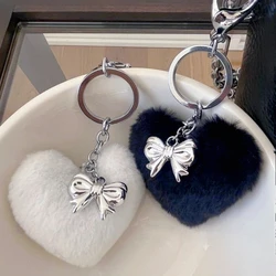 Y2K Silver Color Bowknot Hairy Heart Charm Keychain Puffy Plush Heart Pendant Backpack Hanging Ornament Car Key Chain