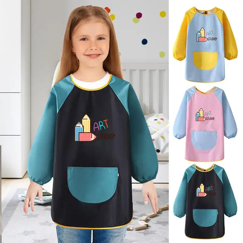 

New Arrivals Long Sleeved Gown Cartoon Print Children's Bib Waterproof Kids Boys Girls Art Craft Painting Drawing Apron