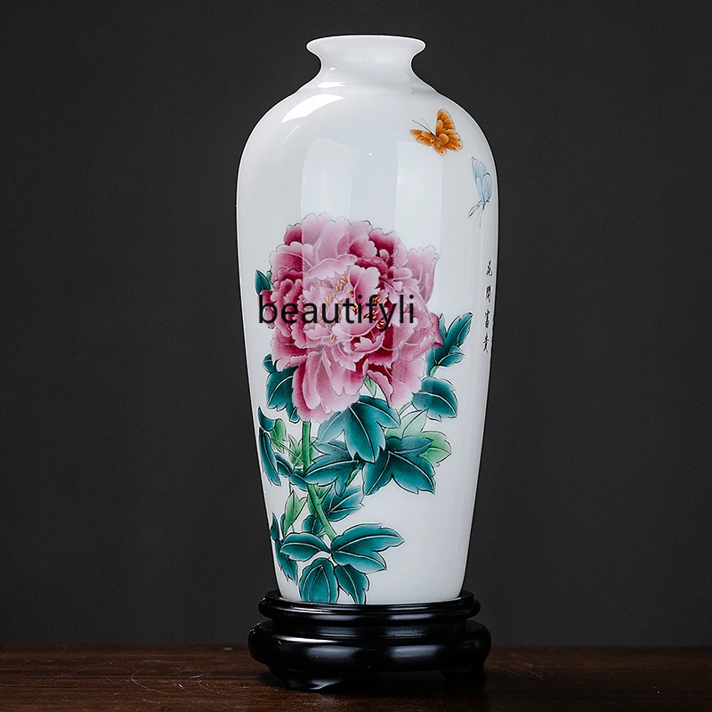 

New Chinese Style White Jade Porcelain Hand Painted Vase Home Living Room Decorations Flower Arrangement Home Decoration