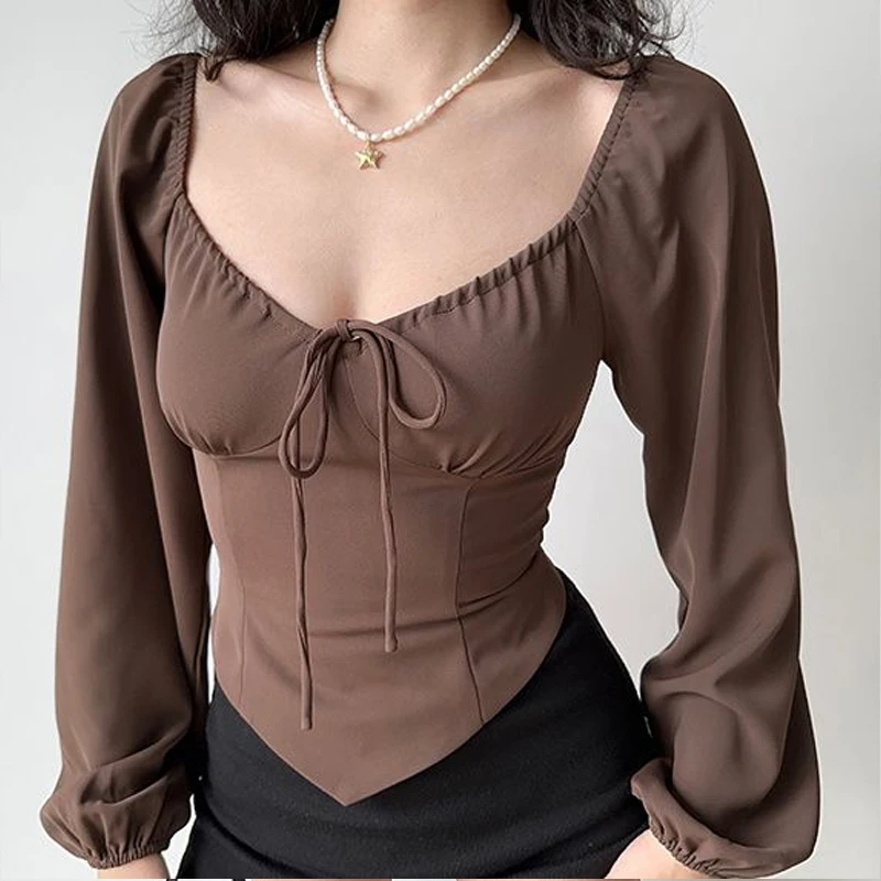 Spring Autumn New Solid Color Fashion Lantern Sleeve Blouse Women High Street Casual Slim Lacing Pleated All-match Pullovers