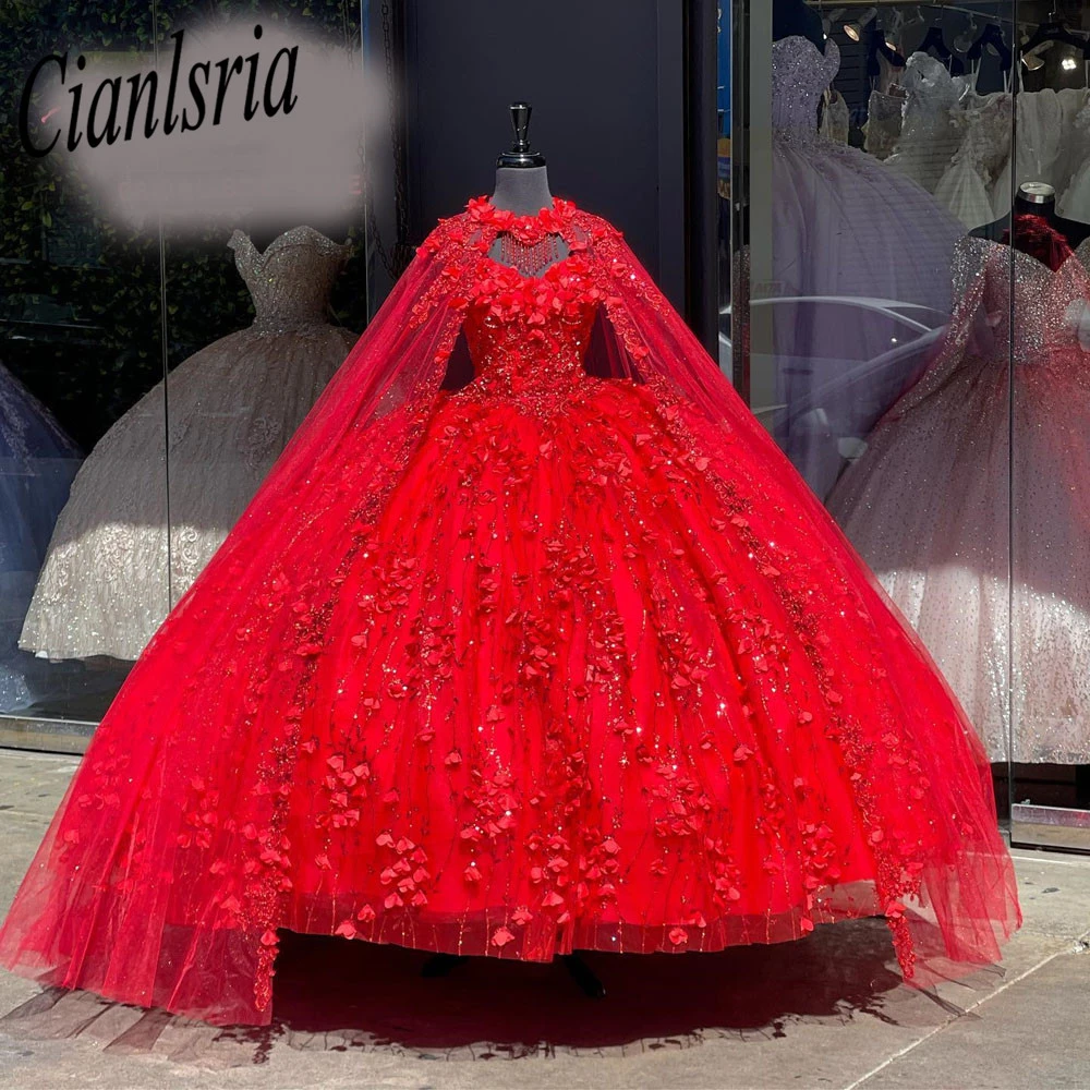 Vestido Rojo de quinceañera con hombros descubiertos, vestido de princesa  con capa, cuentas 3D, flores, baile, desfile, fiesta de cumpleaños, dulce  16 15, 2022| | - AliExpress