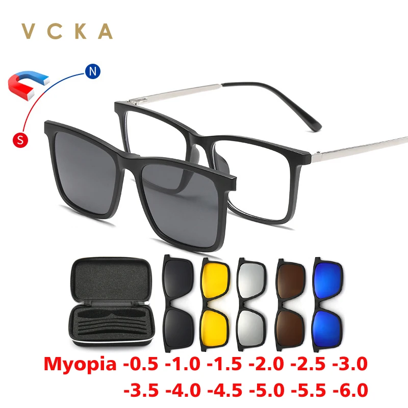 

VCKA 6 In 1 Myopia Sunglasses Square Men Women Magnet Clip Polarized Optical Custom Prescription Eyewear Glasses Frame -0.5~-10