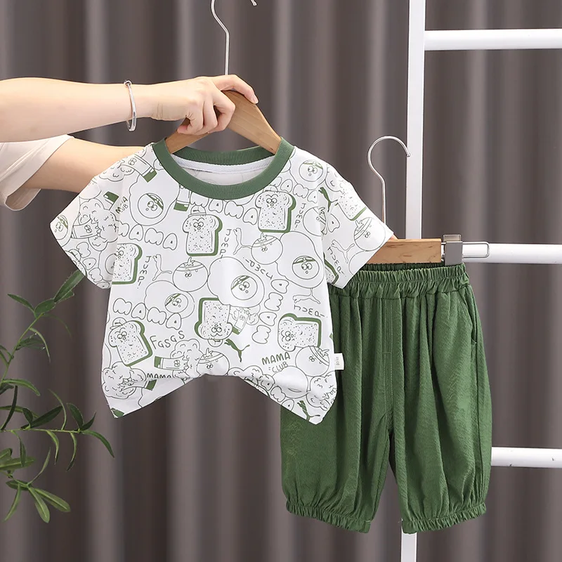

Kids Sets 2024 Summer Baby Boy Clothes 1 To 2 Years Full Print Bread Slices Short Sleeve T-shirts and Shorts Boys Infant Outfit