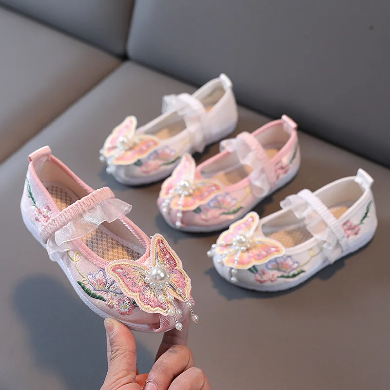 

Hanfu embroidered shoes baby girls vintage Chinese style dancing shoes butterfly beading mesh ruffles toddler kids 24-38