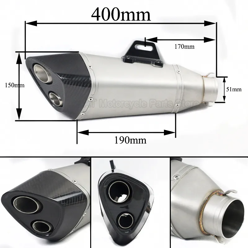 38-51Mm Universal Motorcycle Exhaust Muffler Pipe Full Carbon Fiber Double Holes Fried Street Exhaust For Trk502 Z250 300/R6 Mot