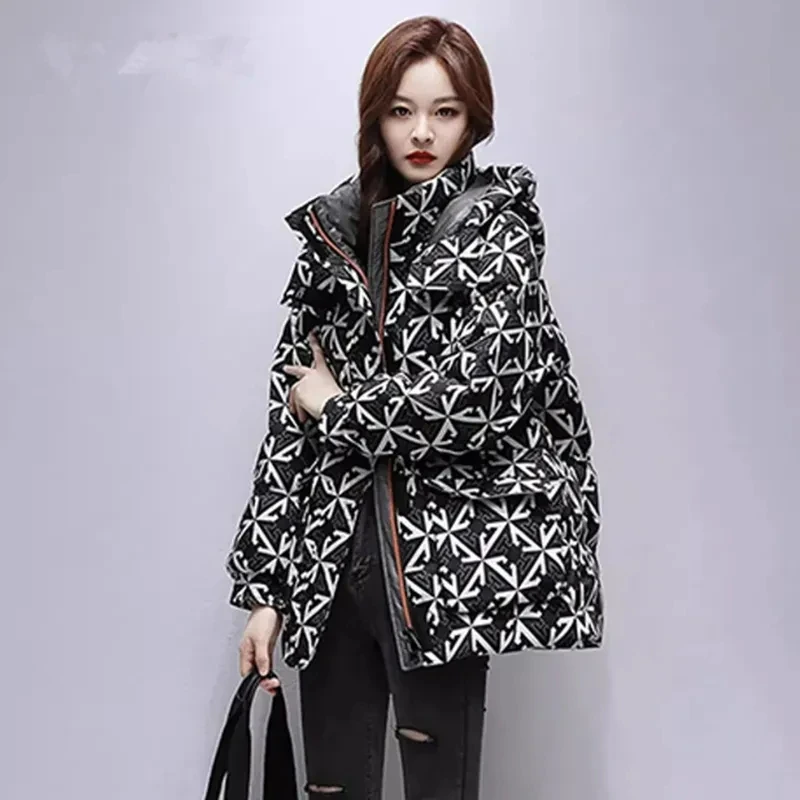 Mid Length Down Cotton Jacket for Women's 2023 Winter New Fashion Loose Fitting Standing Collar Hooded Winter Coat For Women's