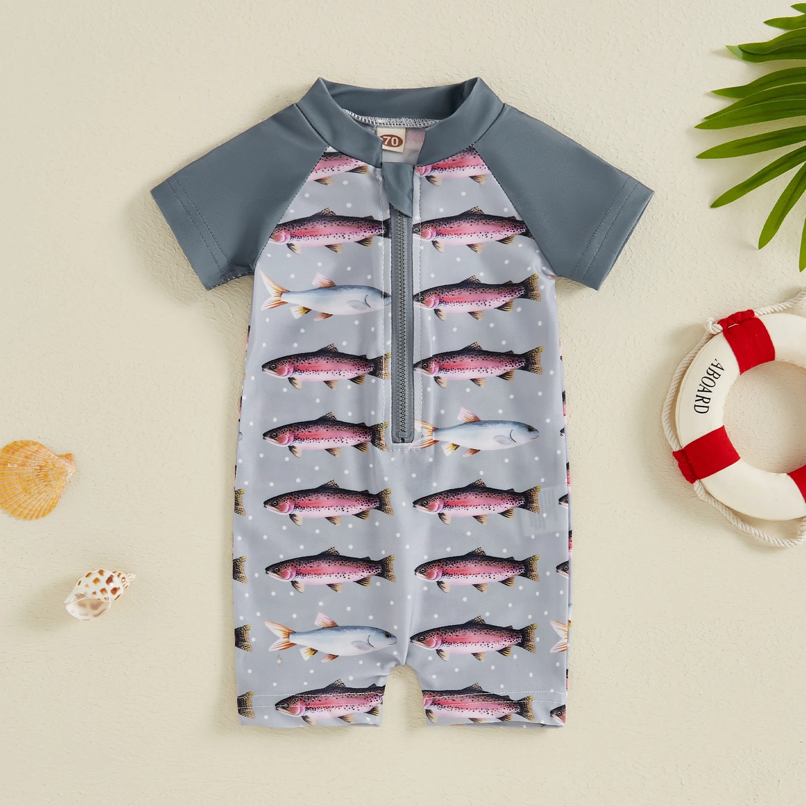 Summer Toddler Baby Boys Zip Up Rash Guard Tractor Fish Print Short Sleeve Swimwear Children Beachwear Bathing Suit Swimsuit