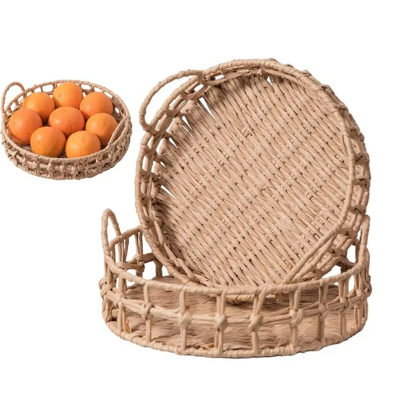 

Woven Fruit Baskets Hand-woven Rattan Wicker Basket Household Desktop Round Bread Dry Fruit Basket With Handles For Clothes