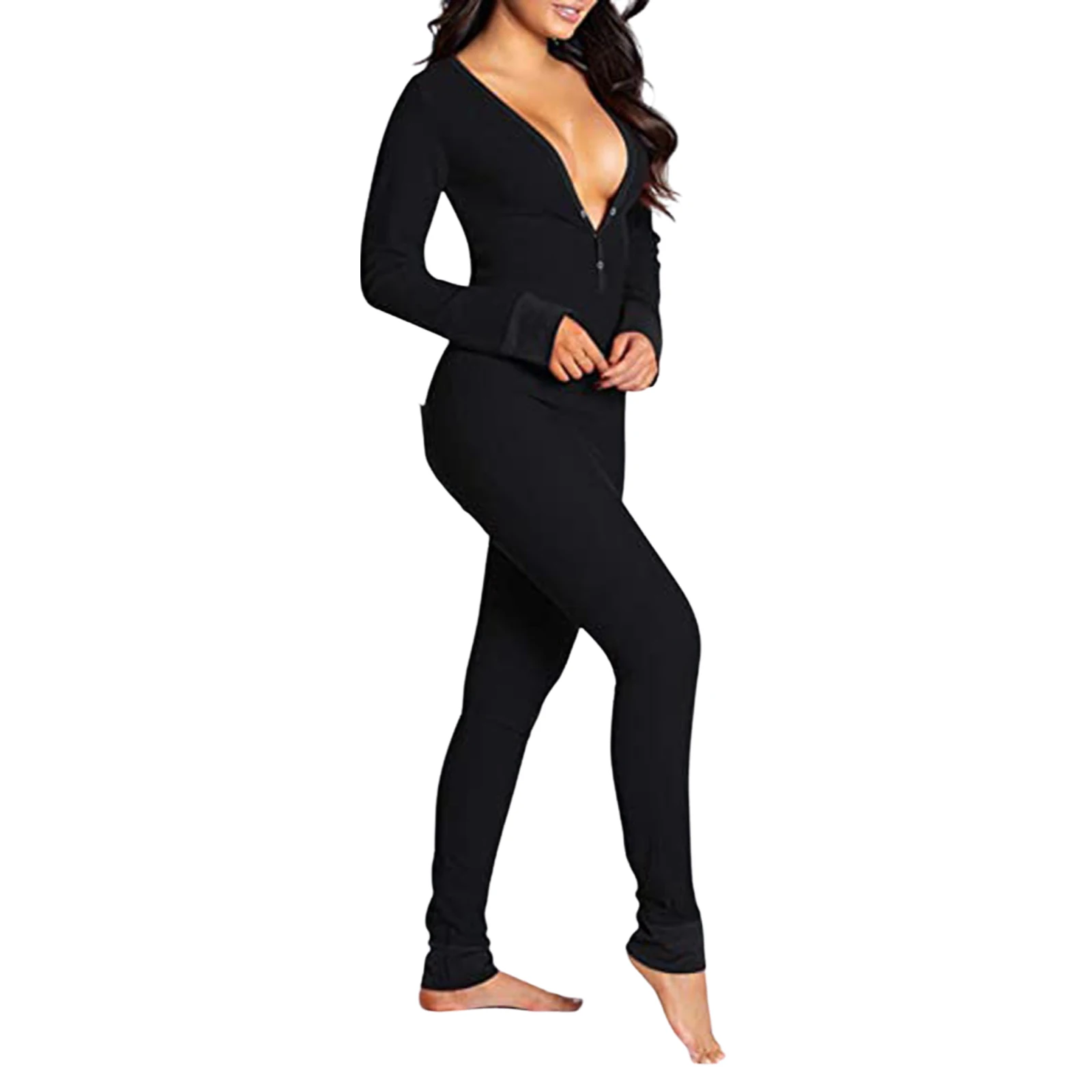 Women's Long Sleeve V Neck Bodycon Oneseies Stretchy Functional Buttoned Flap Pjs Sleepwear Romper Jumpsuit