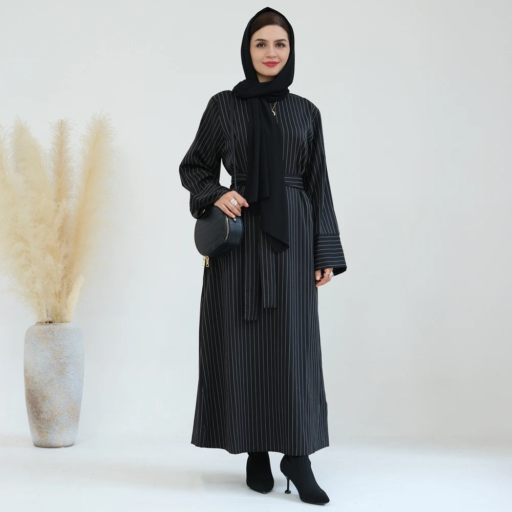 

Pinstripe Dubai Abaya Side Pockets Muslim Dress Women Loose Modest Islamic Clothing Turk Hijabi Robe Ramadan Eid Spring Autumn