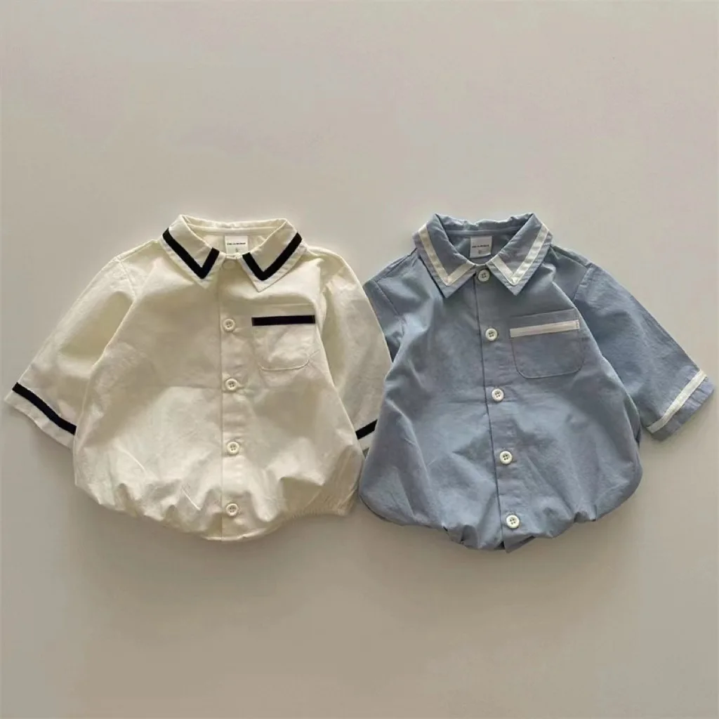 

Korean Baby Clothes 2023 Autumn Navy Wind Baby Boys Long Sleeve Bodysuit Cotton Pocket Lapel Jumpsuit Toddler Boys One Piece