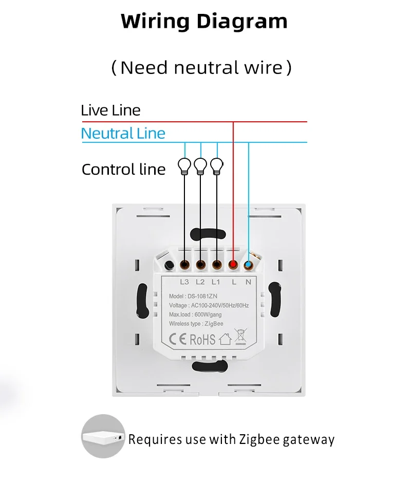 Zigbee Smart Light Switch Push Button with Neutral 1 2 3 Gang White Black Wall I