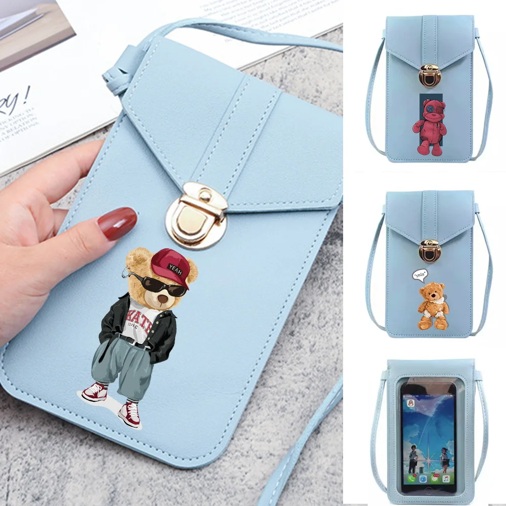 

Women Shoulder Crossbody Bags Mobile Phone Bag Pu Leather Wallets Card Holder Touch Screen Cell Phone Pack Bear Print Handbag