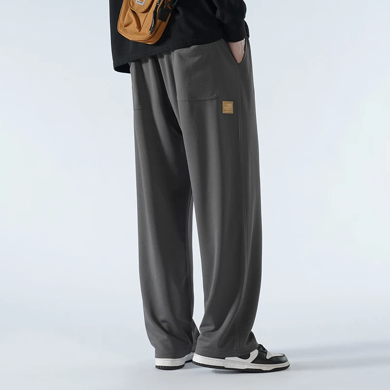 Spring Autumn Elastic High Waisted Solid Color Pockets Men's Clothing Casual Loose Wide Leg Trousers Preppy Style Sweatpants