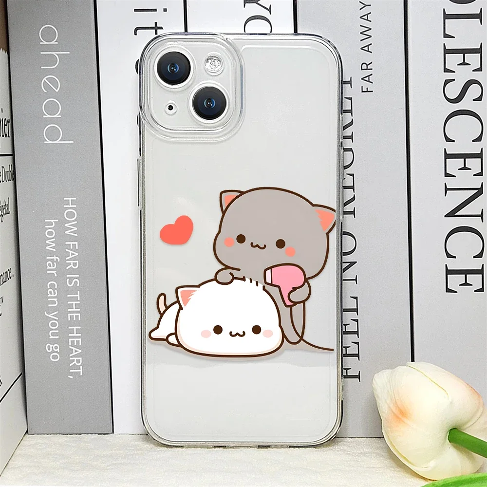 Cartoon Peach Mochi Cat Couple Transparent Soft Phone Case
