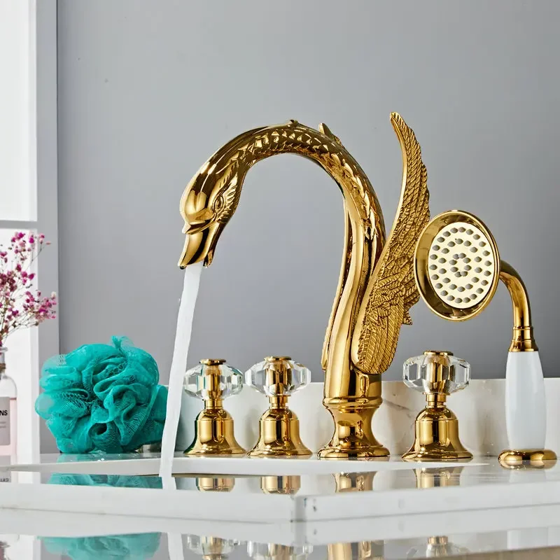 Description Picture 6 of itemBasin Faucet Gold Bathtub Shower Head Swan Widespread Basin Mixer With Hand Showe Head Hot And Cold Water Tap