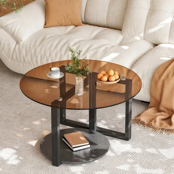 Round Amber-Tinted Tempered Glass Coffee Table for Living Room Office Center Side Table with Sintered Stone Storage Tier