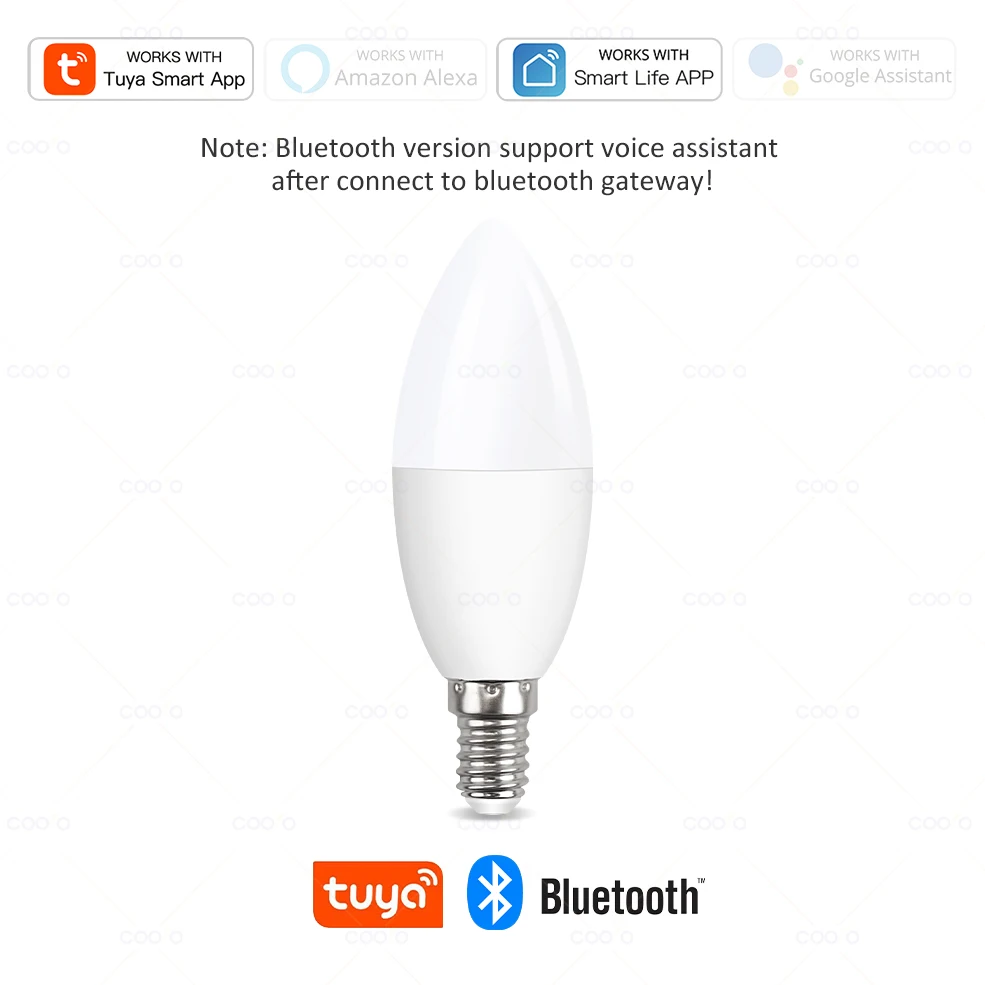 Tuya wifi e14 vela lâmpada controle app lâmpada inteligente bluetooth rgb + cw led luz regulável lâmpadas de grupo cristal funciona com alexa google