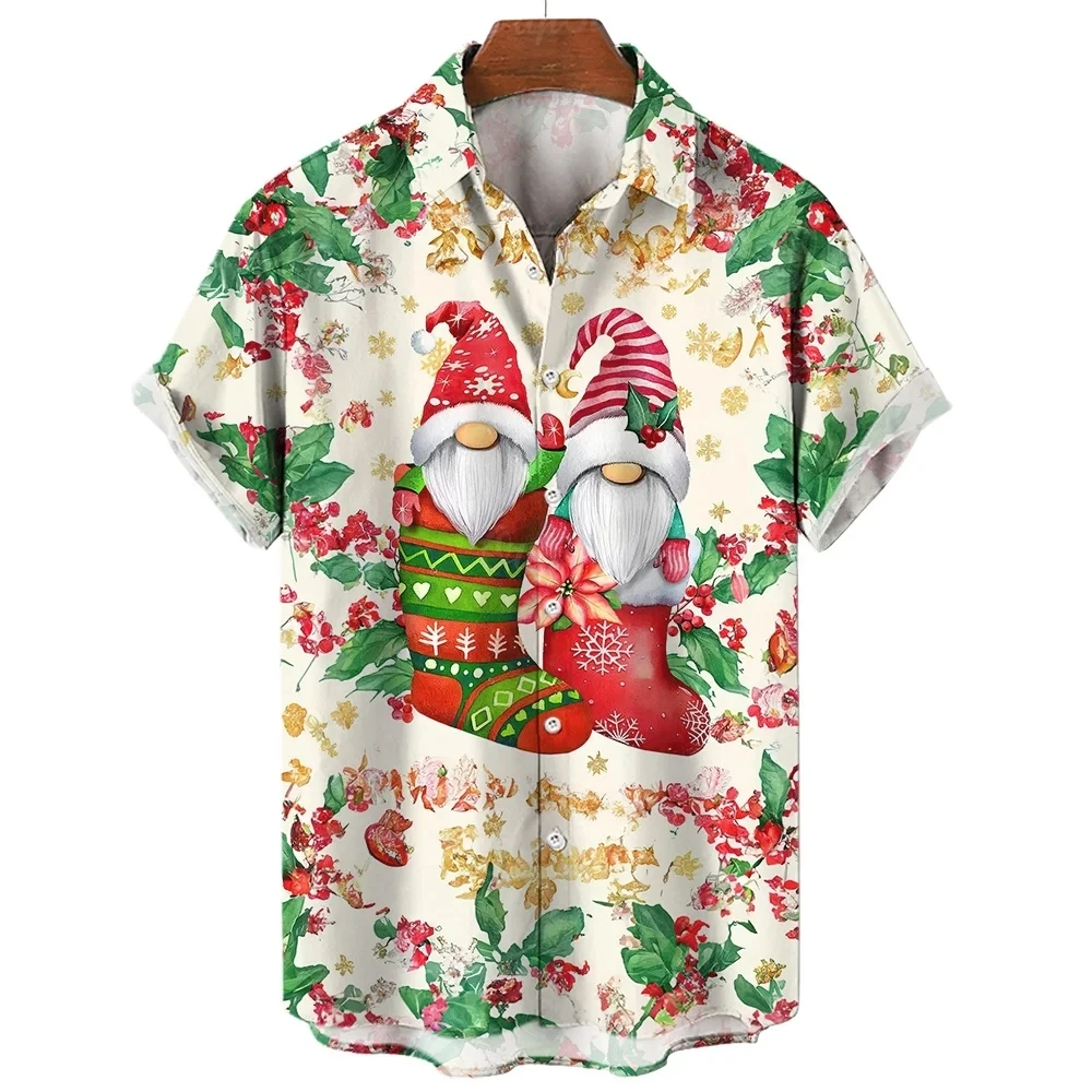 Snowman Christmas Tree Claus Santa Presents Ice Bear Mens Hawaiian Shirt 3d Print Short Sleeved Top Beach Party Clothes Loose 4