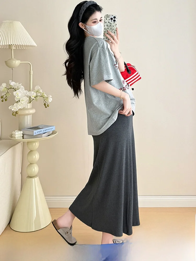 여름 임부복 레이지 스타일 루즈핏 반팔 티셔츠 미니스커트 투피스 세트 편안하고 통기성 좋은 면 소재 한국 버전