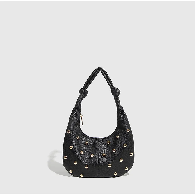 Pilzniete Hobo Unterarm-Umhängetasche, Halbmondknödel-Handtasche, Designer-Clutch mit Metallnieten und Punkten, kompakte, schicke Damen-Einkaufstasche – Detail 2
