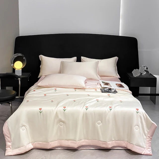High-end Embroidered Spring Summer Quilt 4 Pcs Set or 3 Pcs Set or 1 Pcs Luxury Skin- Friendly Summer Blanket Lightweight Duvet 3