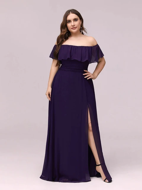 Plus Size Evening Dresses Off The Shoulder Bridesmaid 2022 Ever Pretty fo Long Lace Sleeve Elegant Prom Dress for Women EP00968 Dark Purple