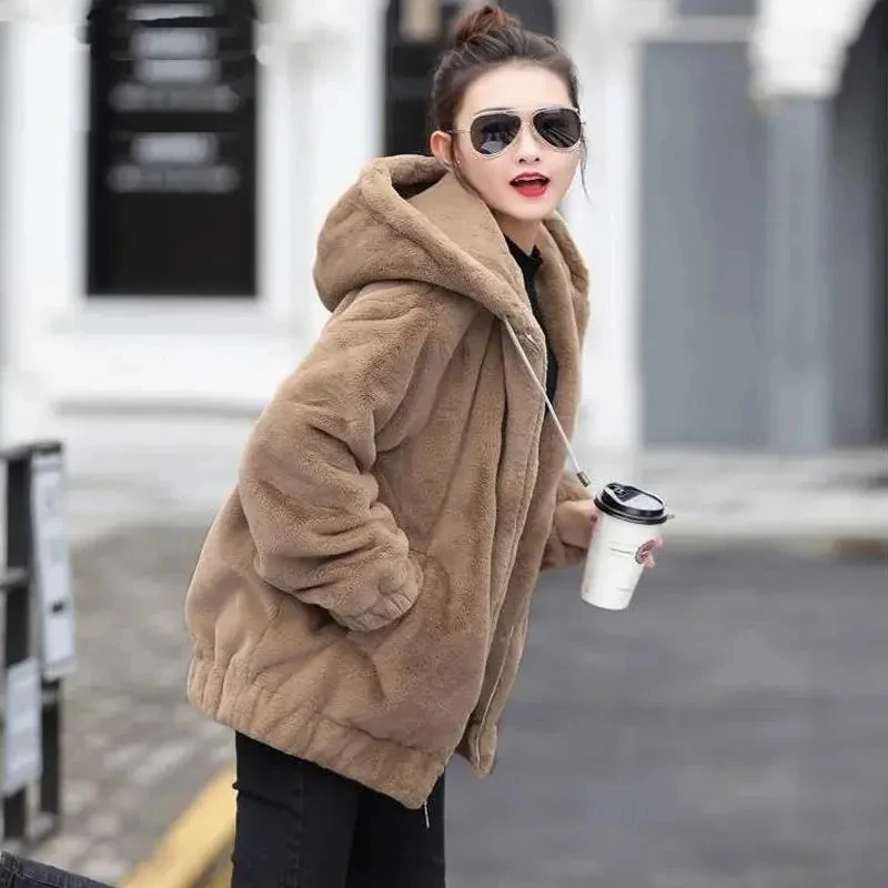 

Biyaby Thick Warm Faux Rabbit Fur Coat Women 2023 Winter Casual Loose Furry Overcoat Female Korean Solid Hooded Zipper Jacket